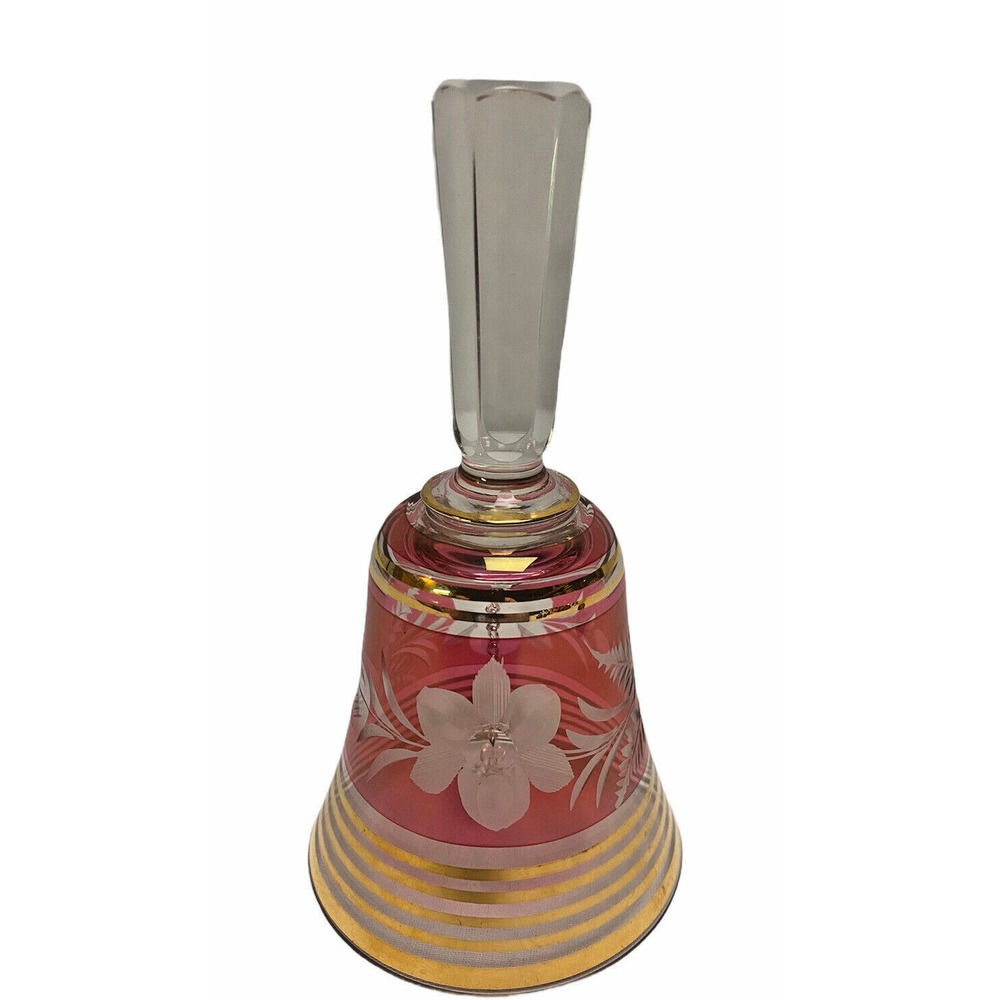 Vintage Bohemia Czech Crystal Cranberry Hand Bell Floral Gold Trim